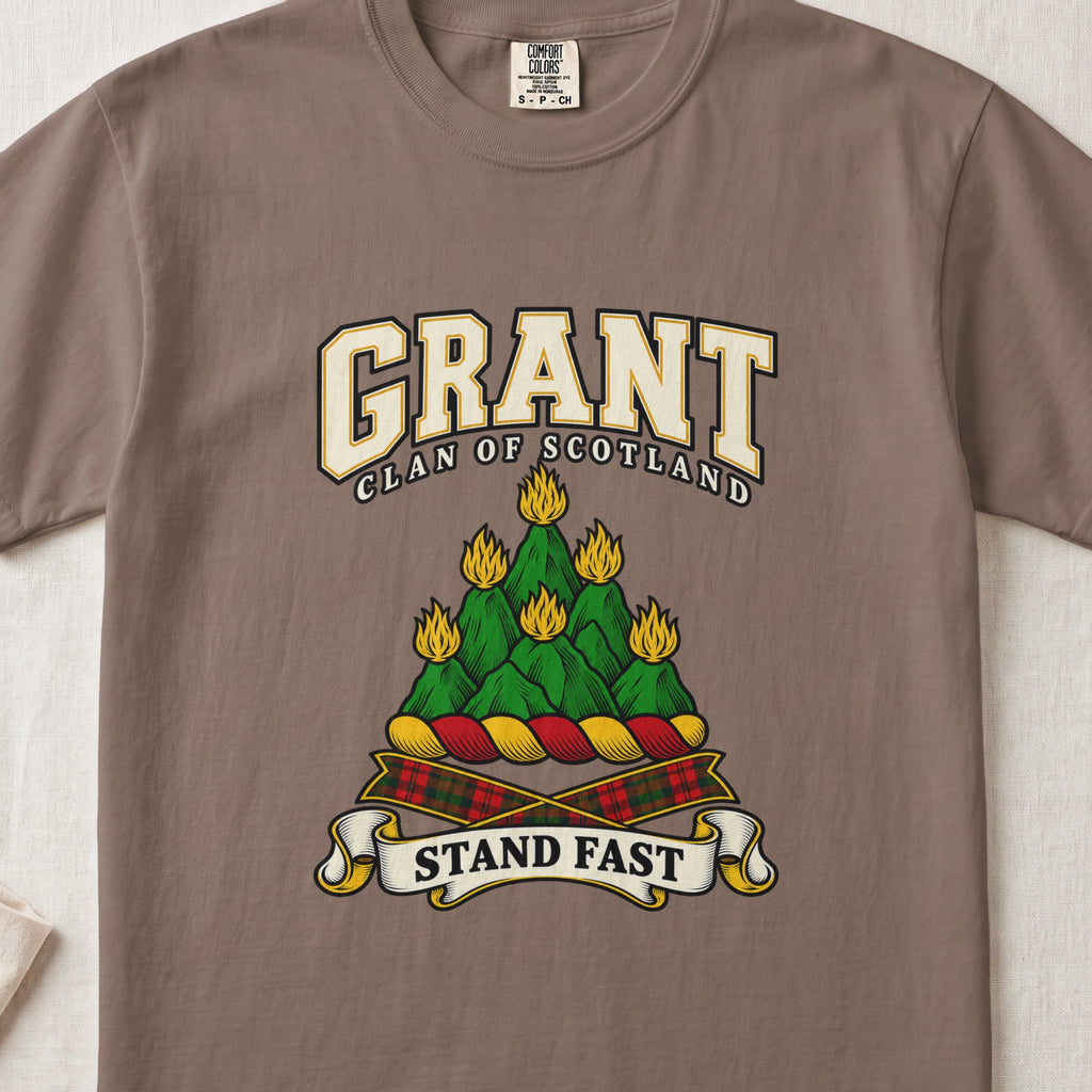 Grant graphic T-shirt in Espresso brown, front flat lay showing varsity lettering and green mountain-like mound with yellow flames.