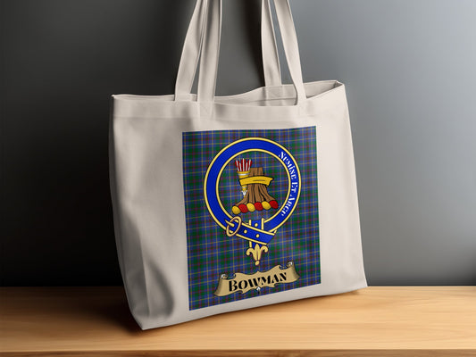 Bowman Clan Crest on Tartan Scottish Tote Bag - Living Stone Gifts