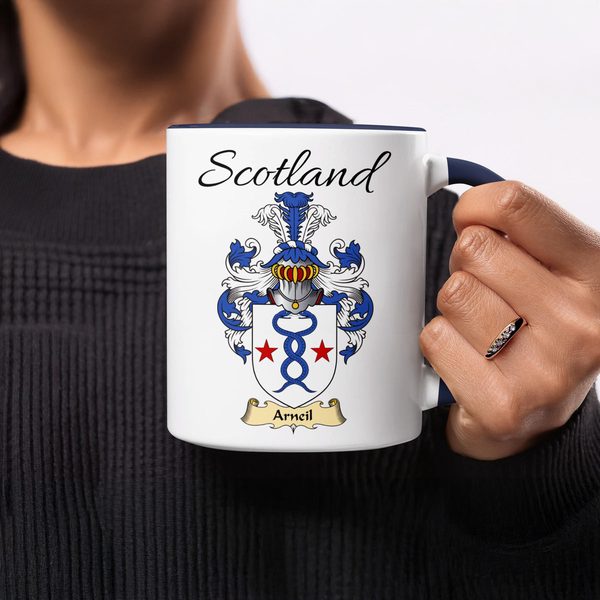Red-accent Arneil Scottish family crest mugs with Scotland above the heraldic shield