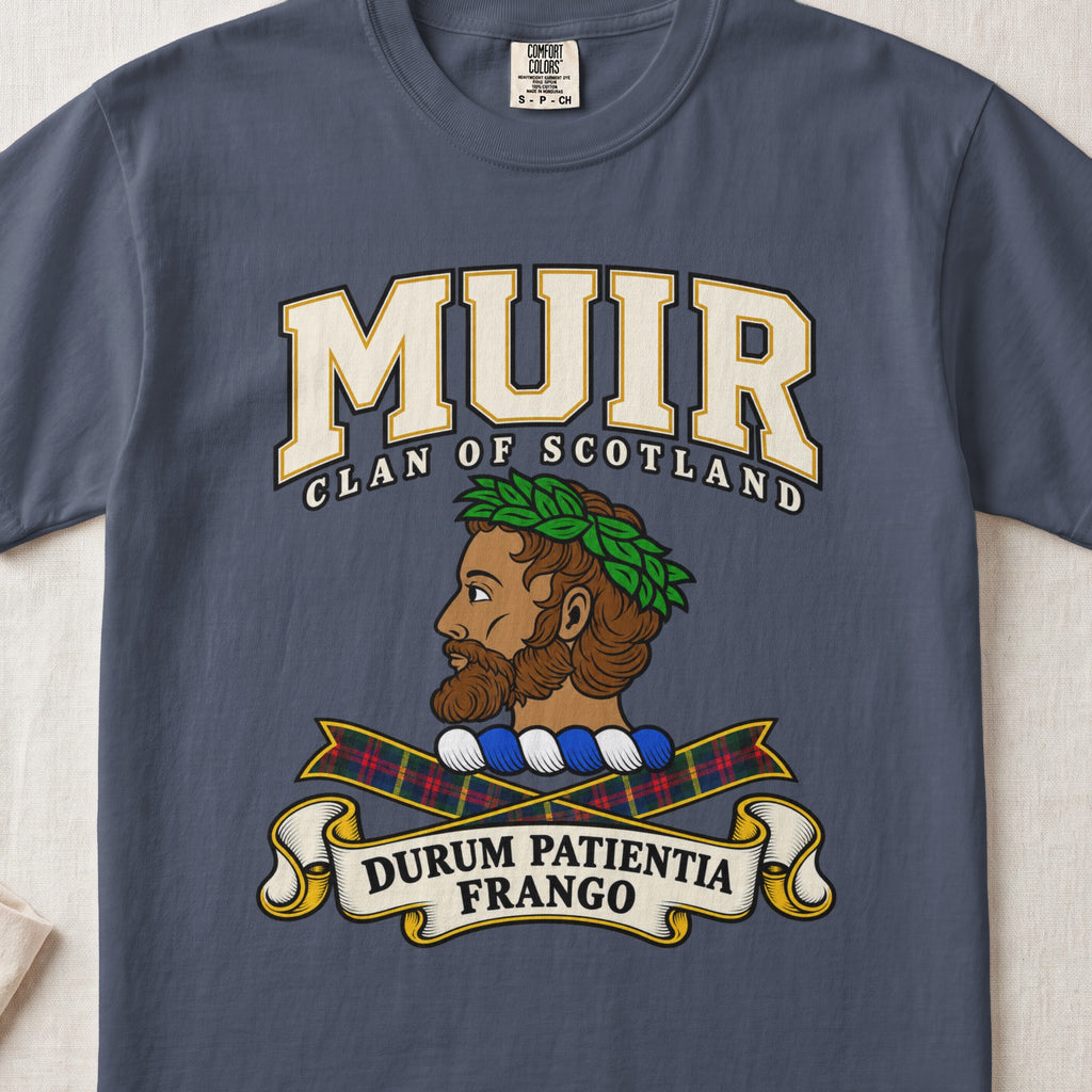Muir Scottish clan graphic T-shirt in Midnight, front view