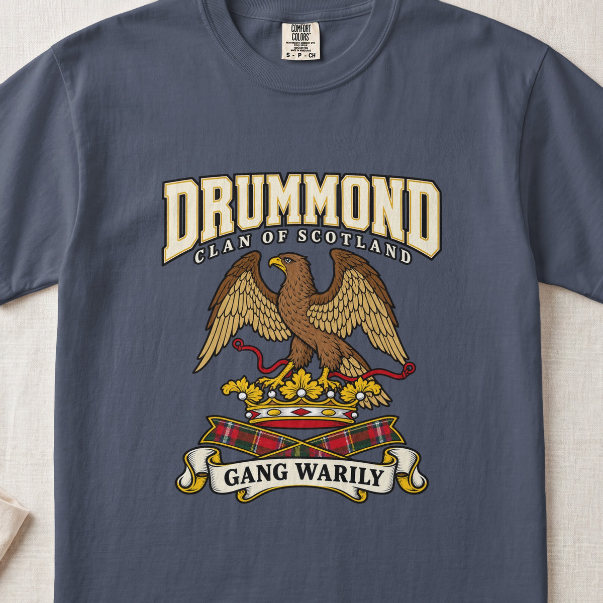 Drummond Scottish clan graphic T-shirt in Midnight, front view