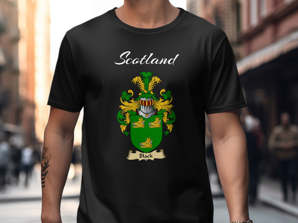 Black Scottish family shield design on Black T-shirt
