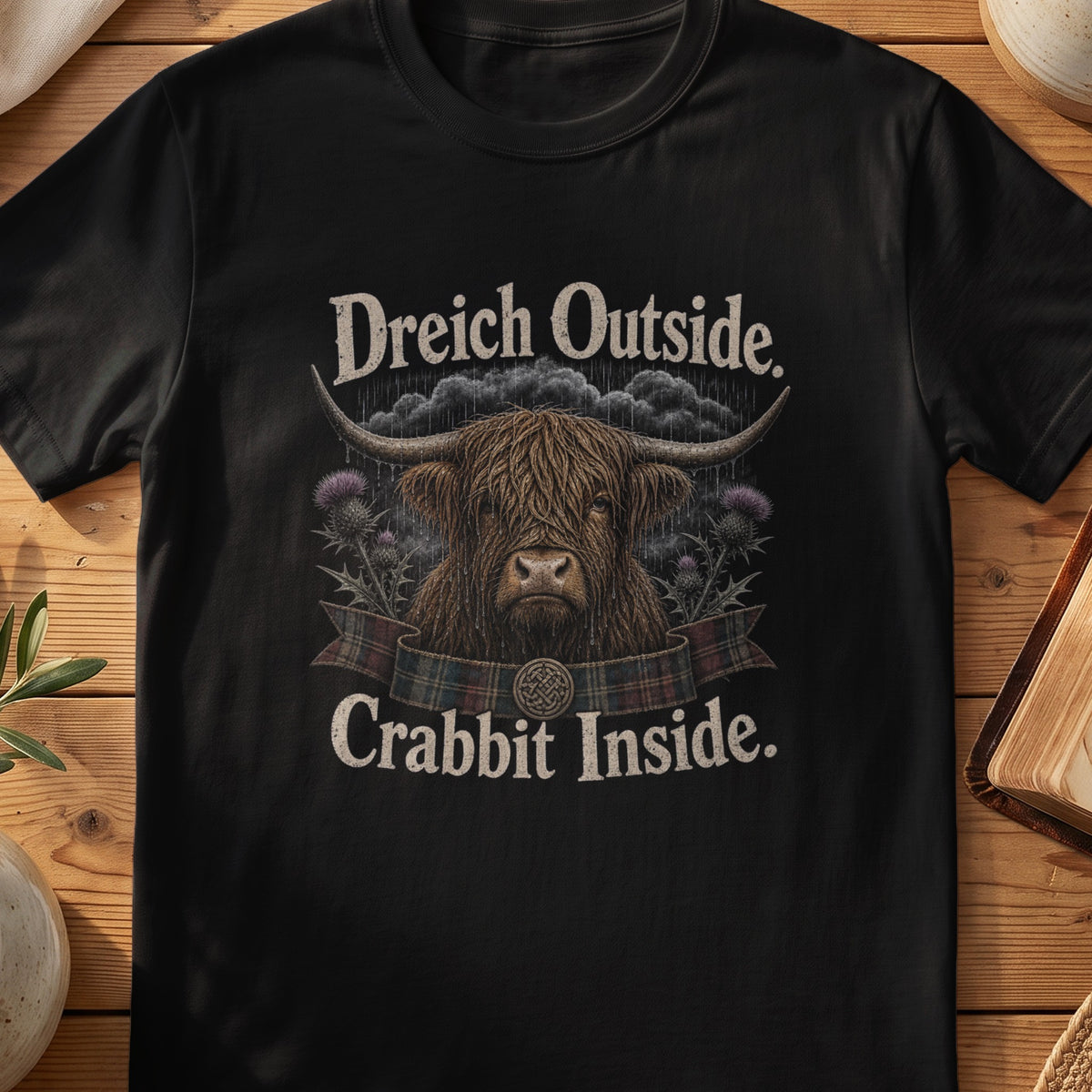 Black Gildan 64000 unisex T-shirt flatlay with Dreich Outside Crabbit Inside Scottish graphic design