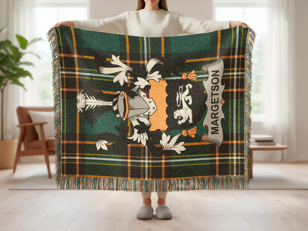 Tartan blanket with crest featuring MARGETSON in banner.