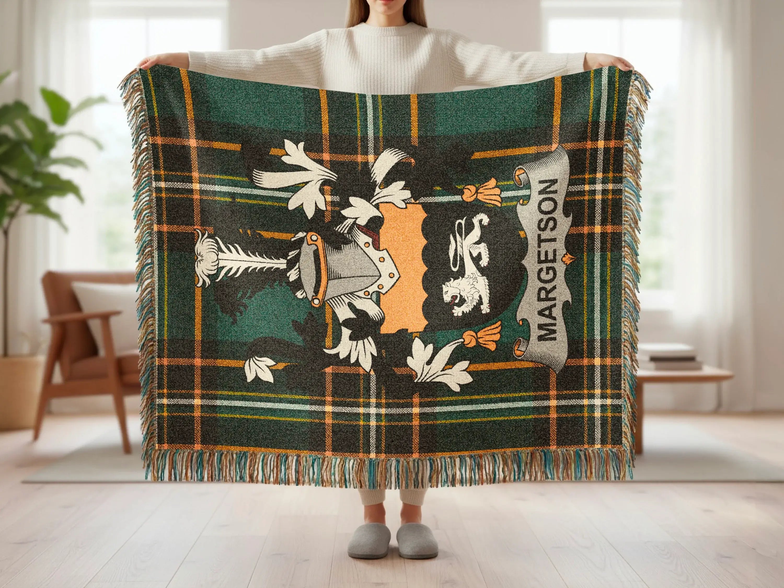 Tartan blanket with crest featuring MARGETSON in banner.