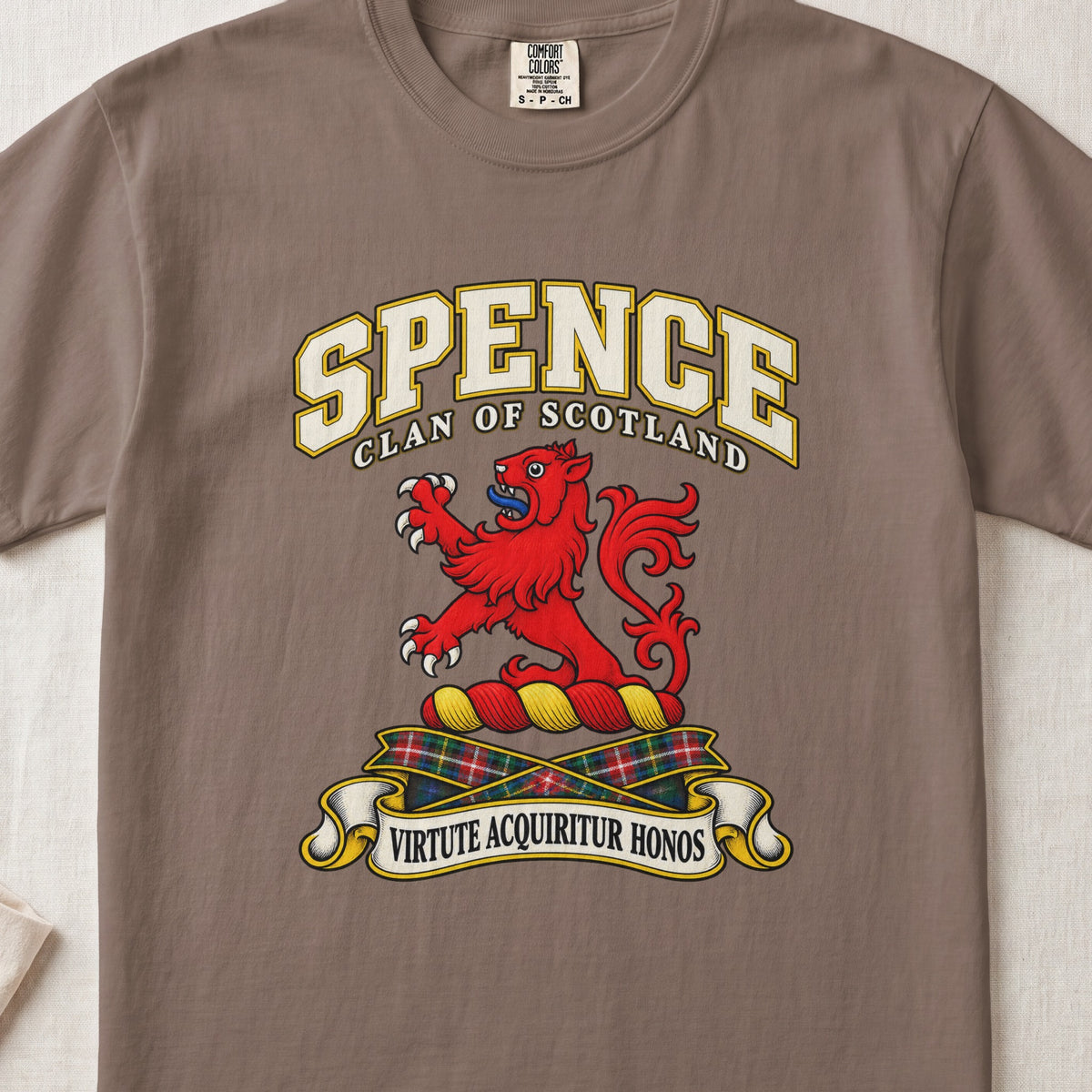 Spence Scottish clan T-shirt in Espresso, front view with a red lion with raised forelegs and motto banner.