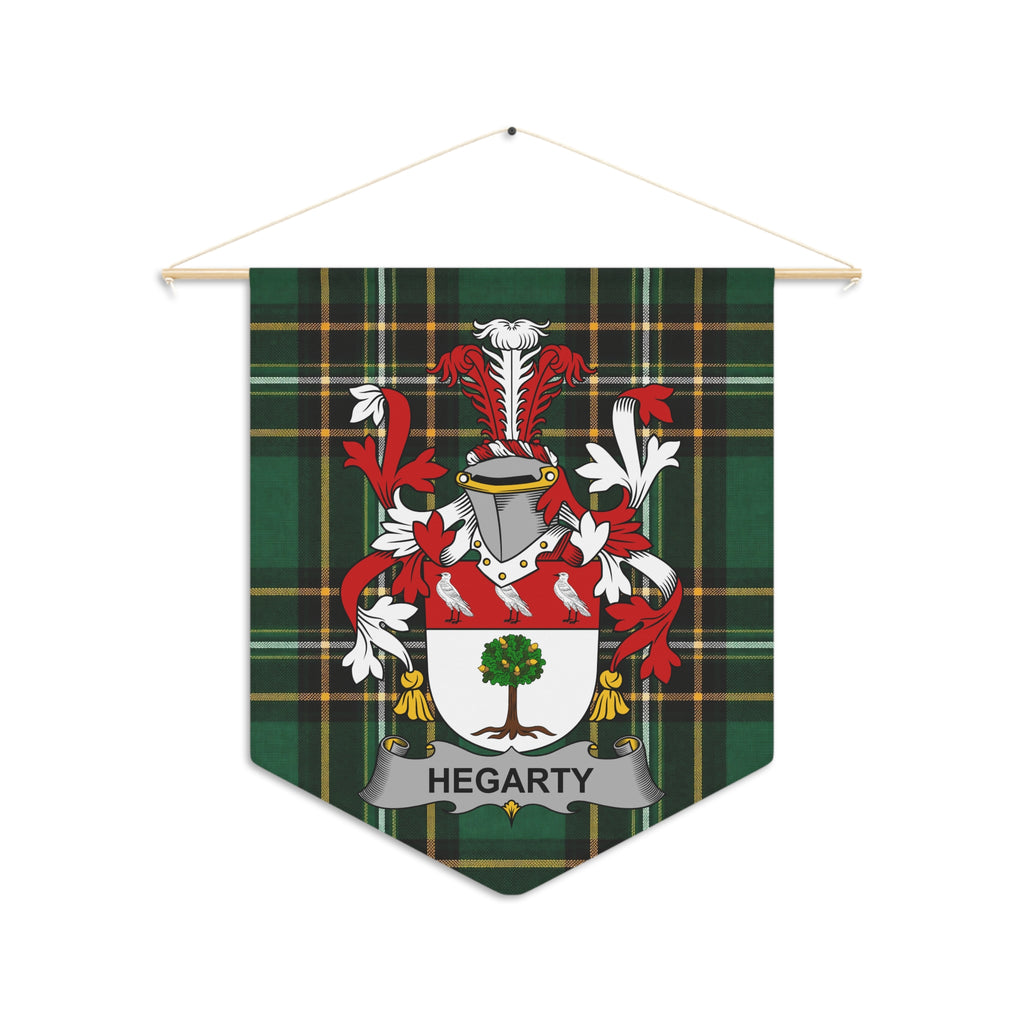 Hegarty family crest on a green tartan pennant hanging from a wooden rod.