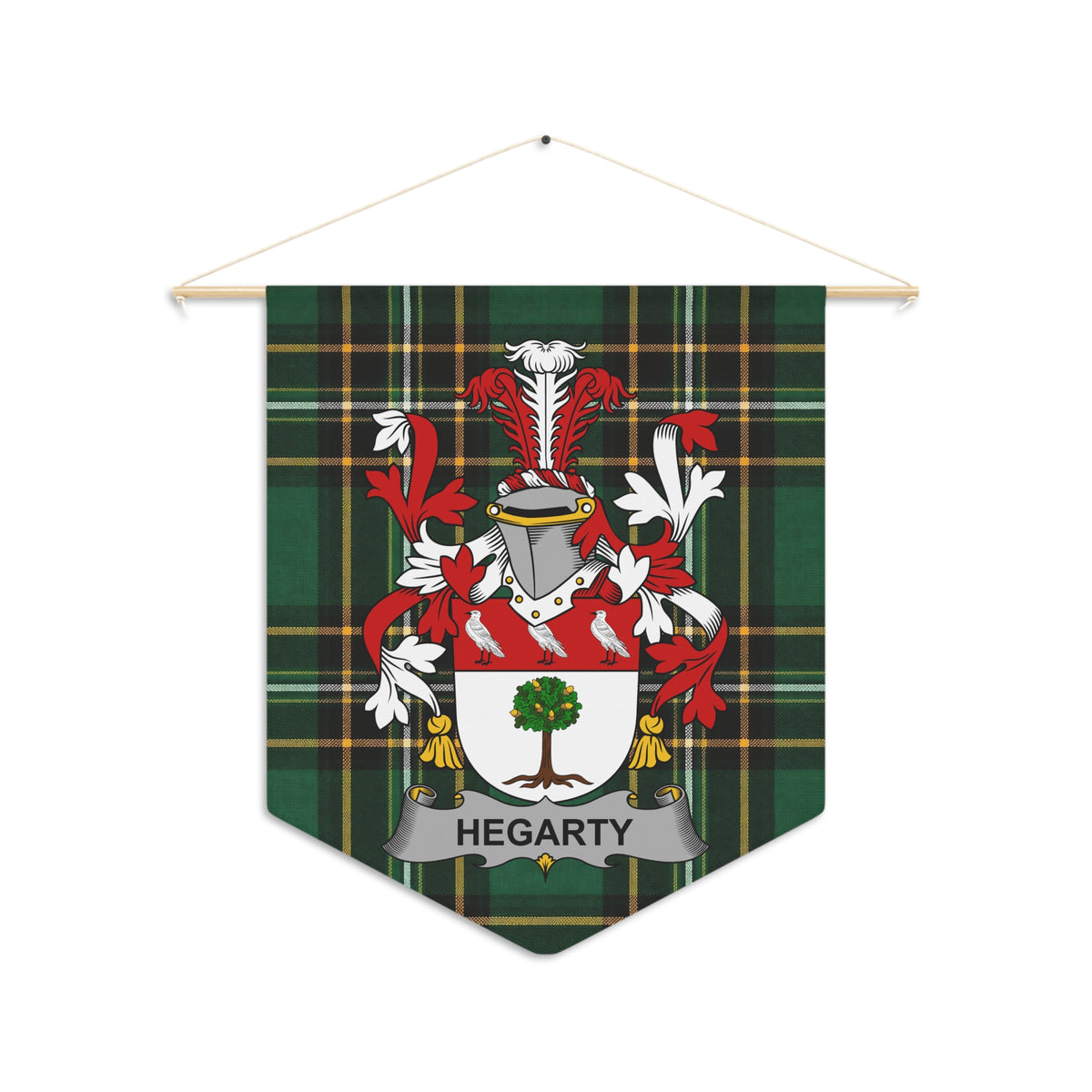Hegarty family crest on a green tartan pennant hanging from a wooden rod.