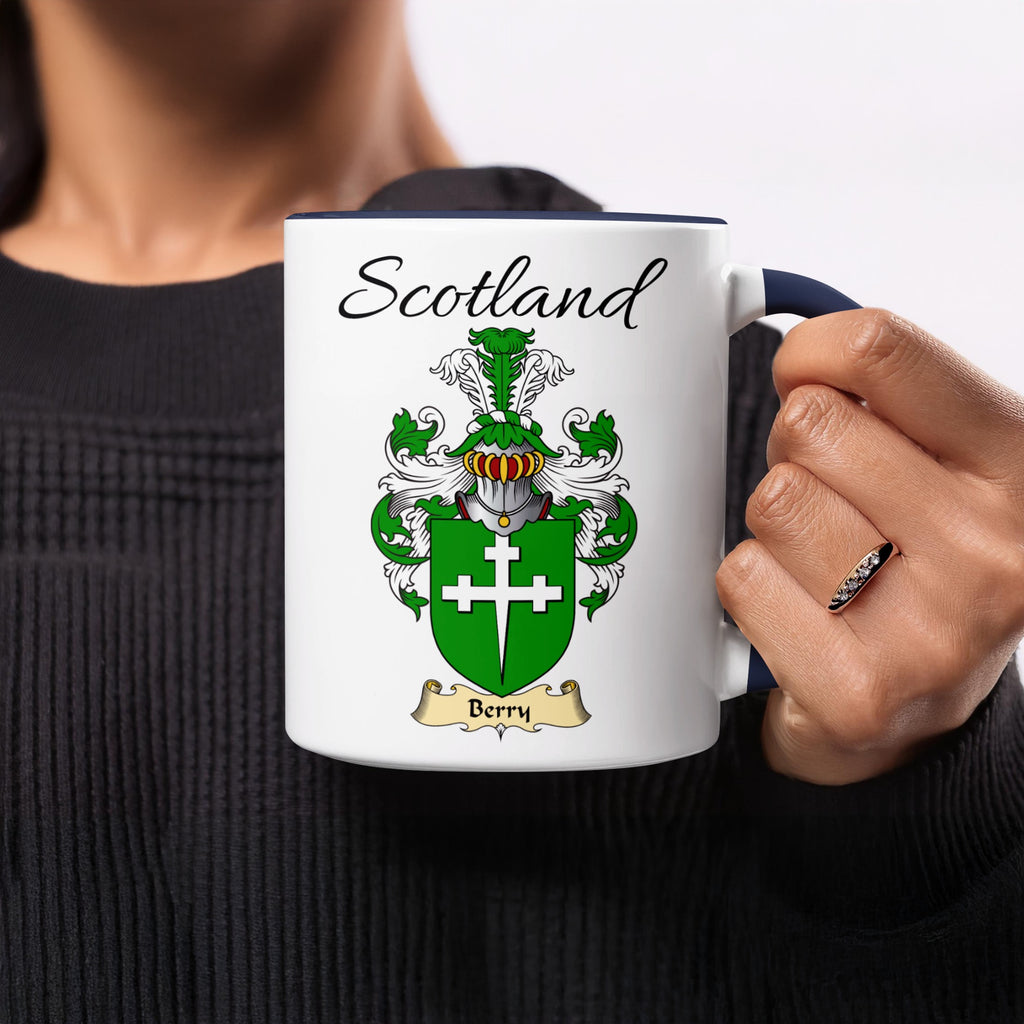Red-accent Berry Scottish family crest mugs with Scotland above the heraldic shield