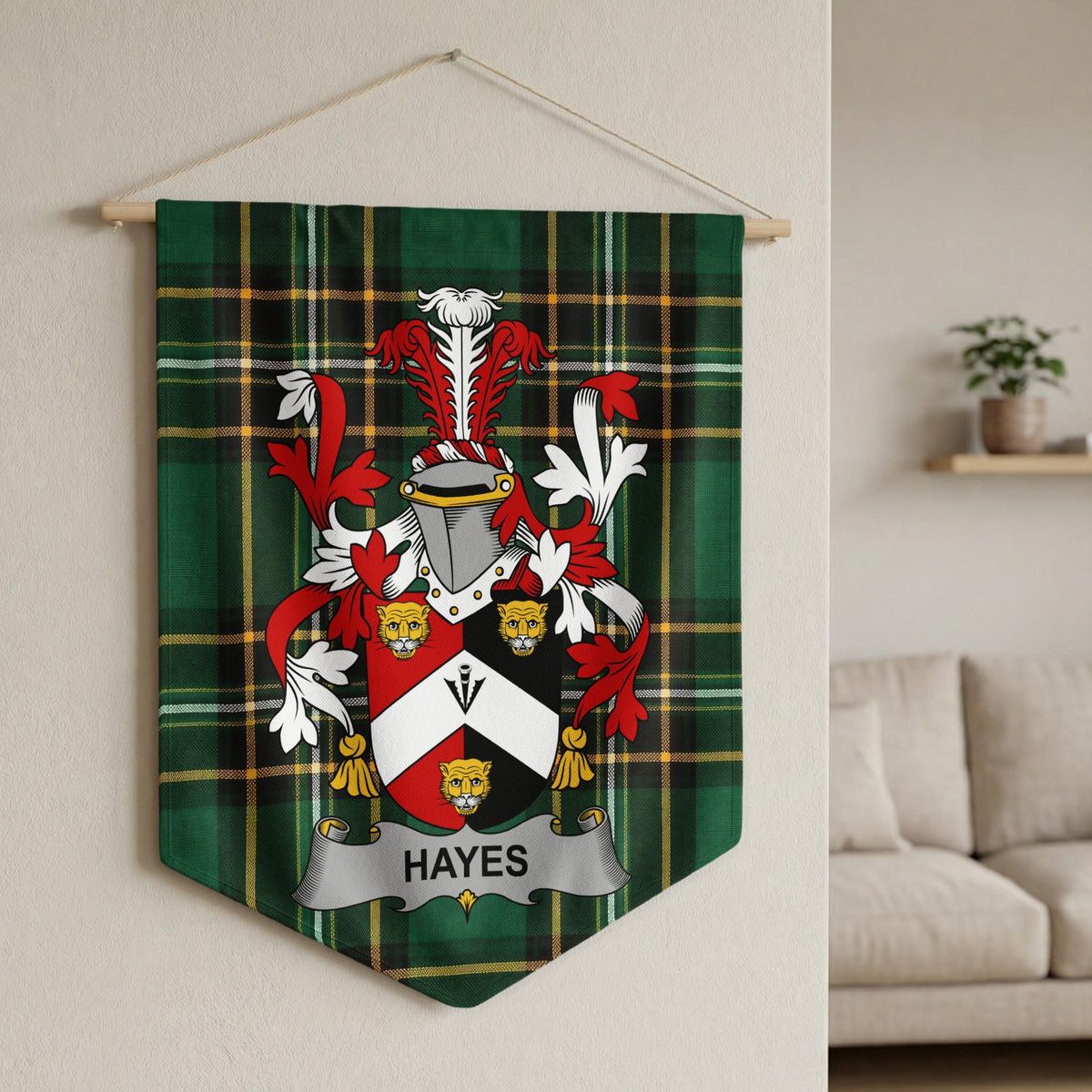 Tartan banner with Hayes coat of arms featuring lions and a helmet.