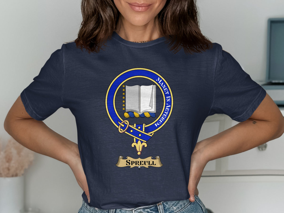 Spreull Scottish clan crest design on Navy T-shirt