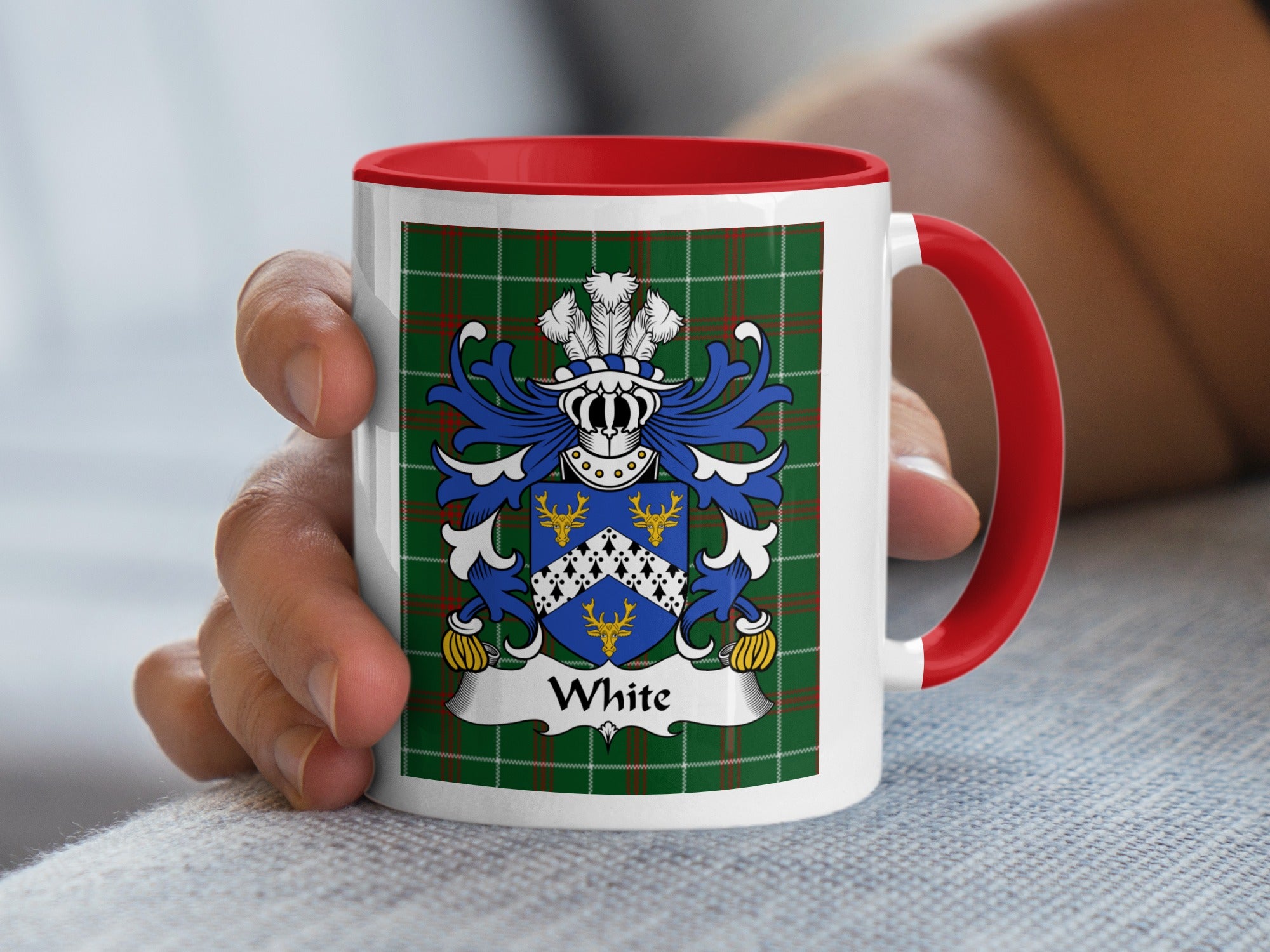 White Welsh family crest mug on Welsh National Tartan
