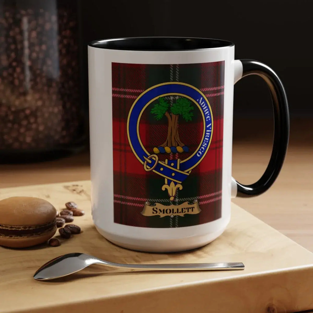 Close-up of the Smollett clan crest printed on a ceramic mug