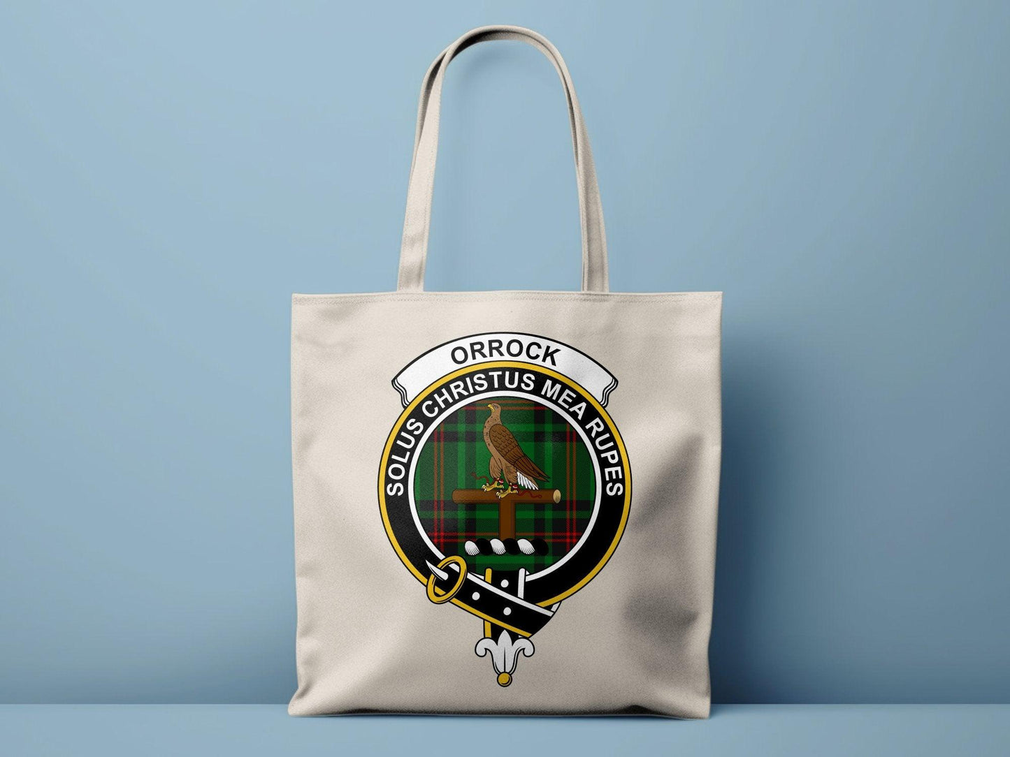 Orrock Clan Crest Solus Christus Mea Rupes Tote Bags - Celtic Ancestry Gifts