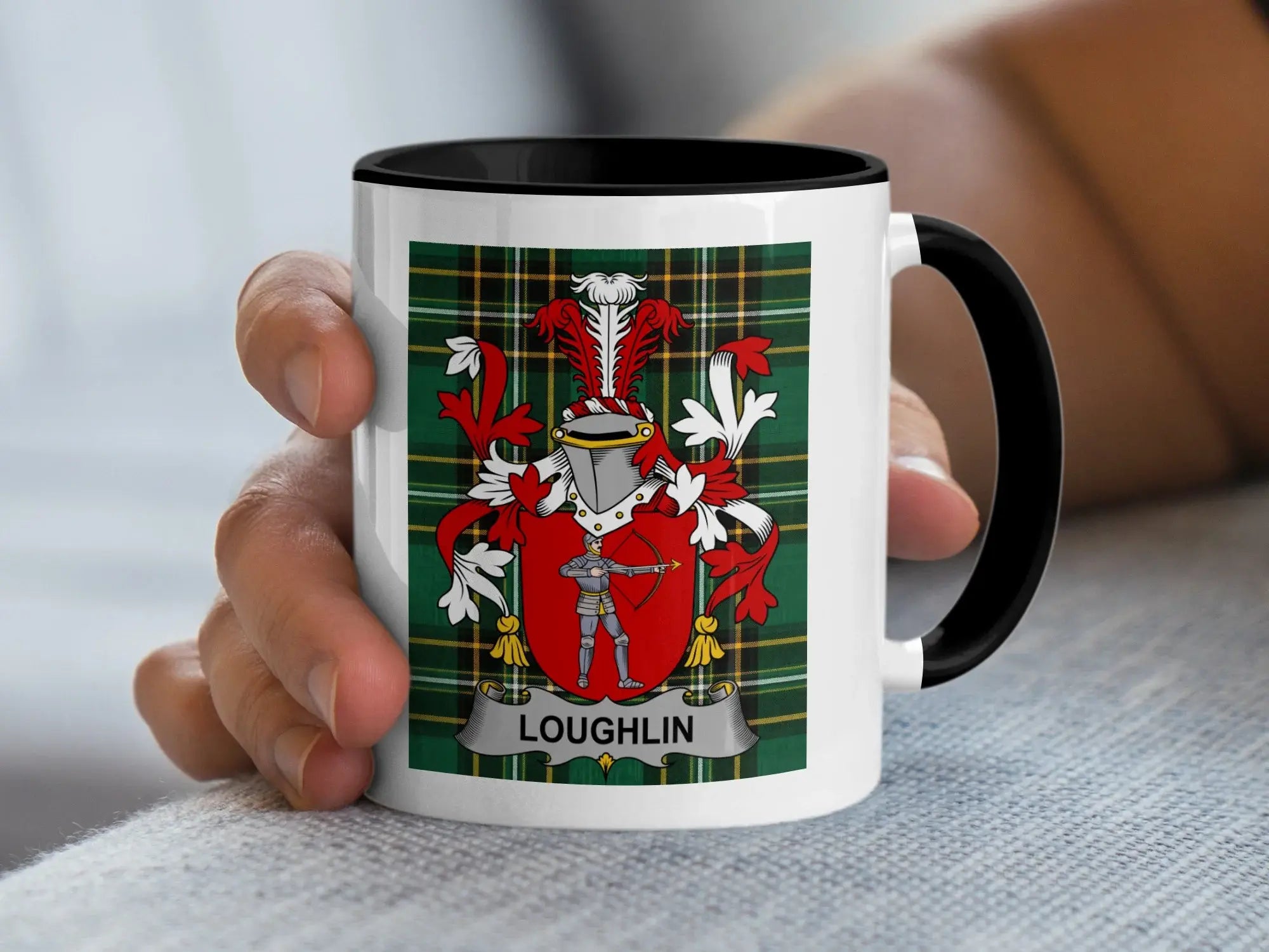 Loughlin Irish family crest black accent mug