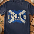 Hamilton Scottish Saltire T-shirt in Navy, with distressed blue and cream flag and “Through” lettering.