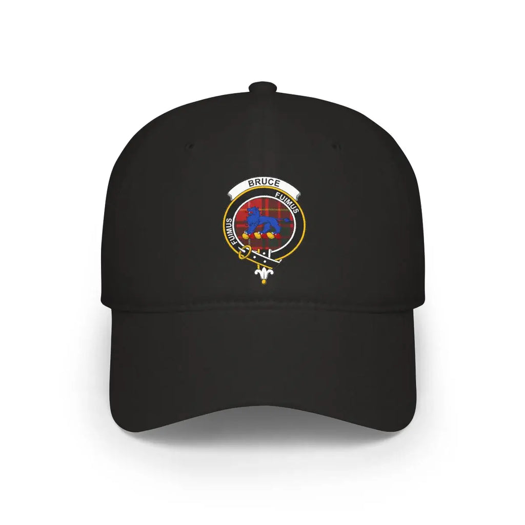 Bruce clan crest tartan cap in khaki — 100% cotton with blue lion and Fuimus print on front panel