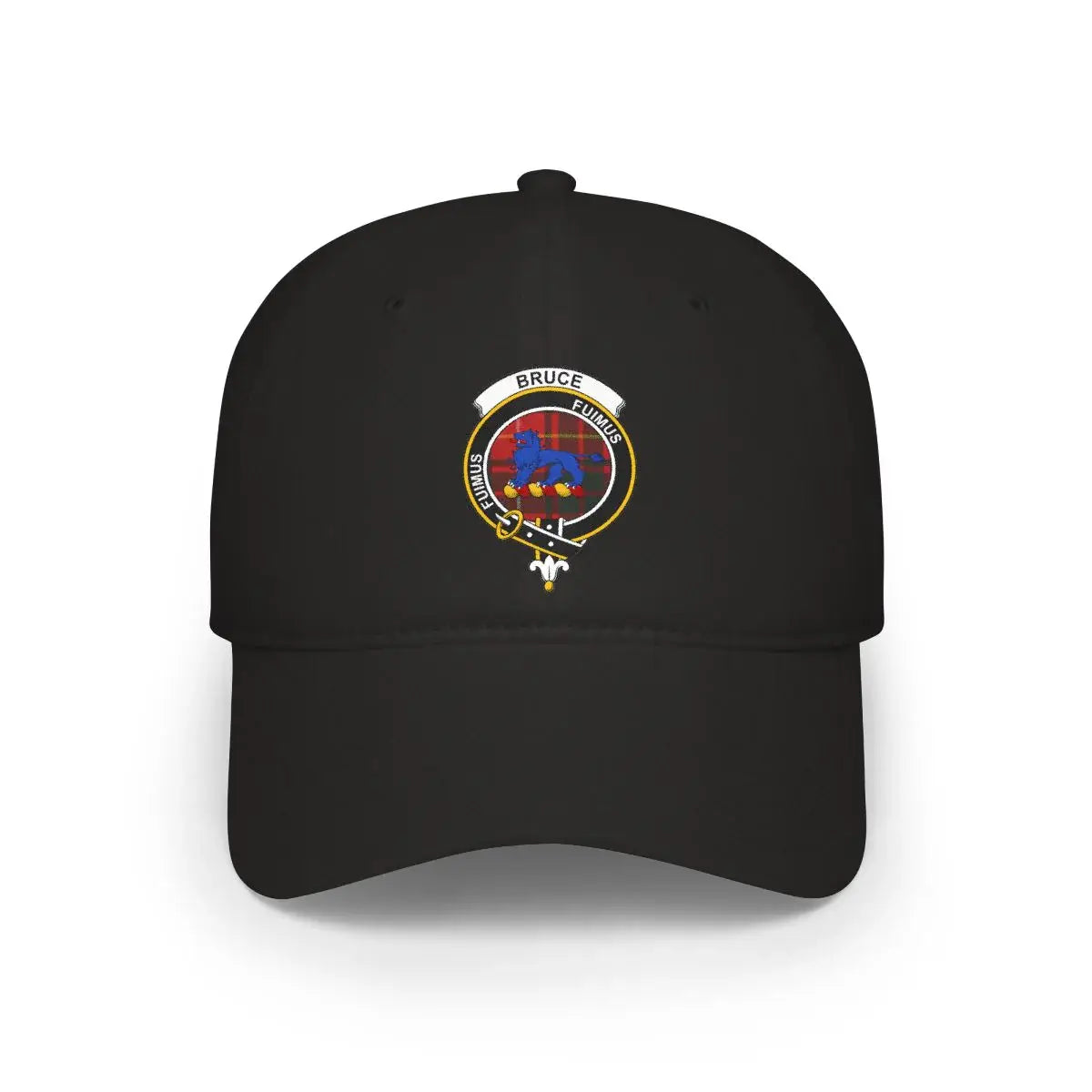 Bruce clan crest tartan cap in khaki — 100% cotton with blue lion and Fuimus print on front panel