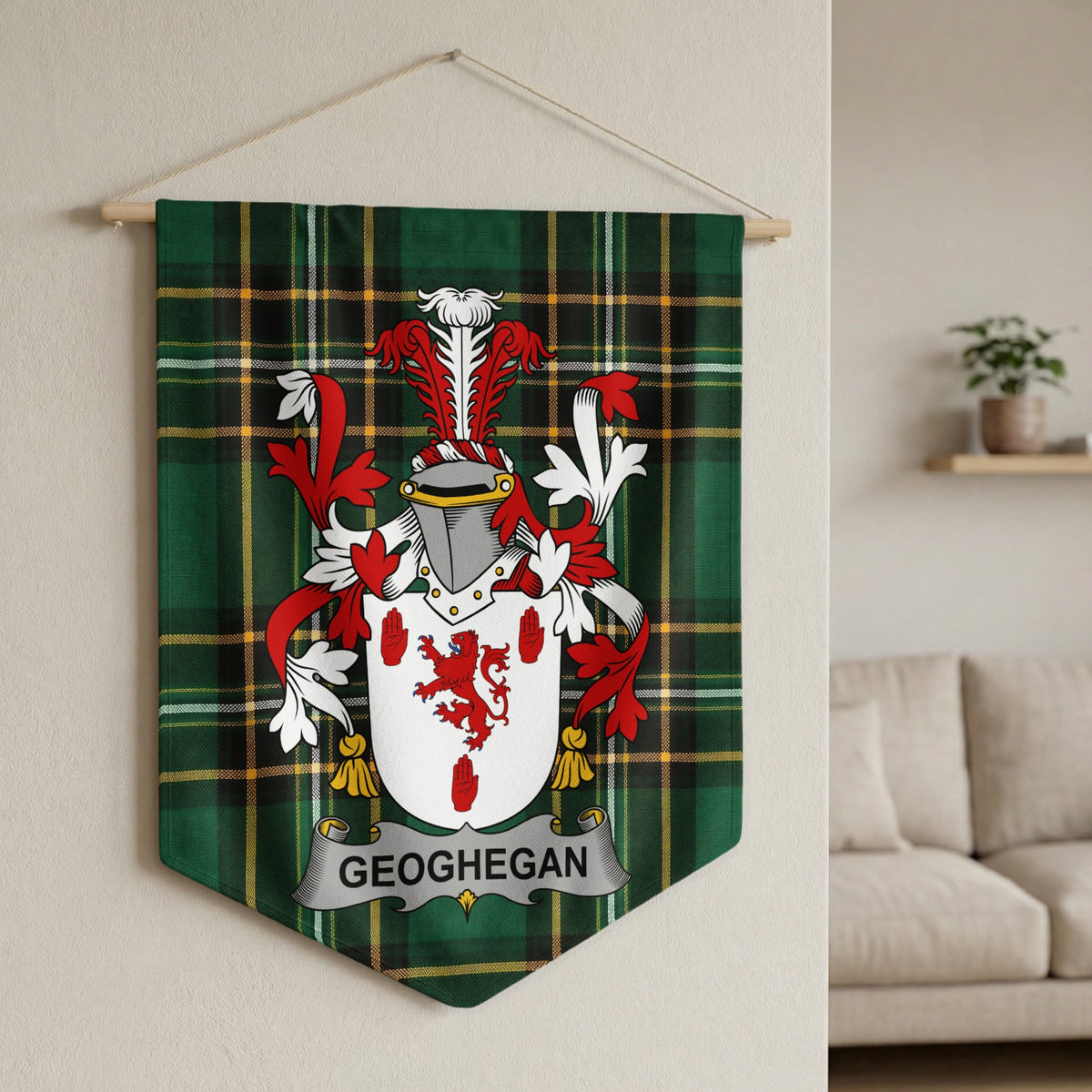 Geoghegan crest on green tartan banner hanging on a wall.