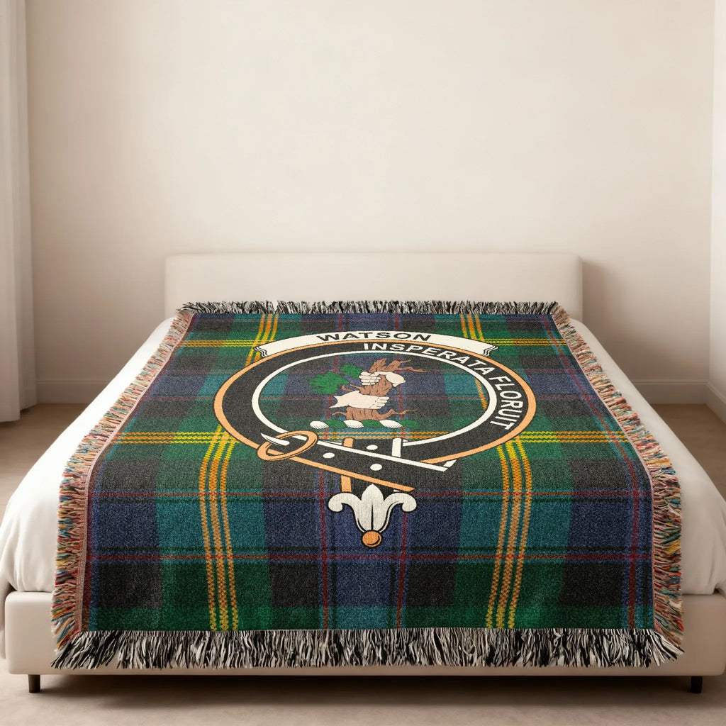 Watson clan crest tartan woven blanket — Insperata Floruit motto, fringed cotton