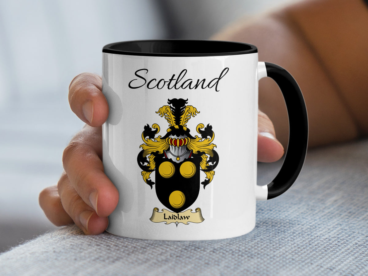 Laidlaw Scottish family crest accent mug with Scotland above the coat of arms design