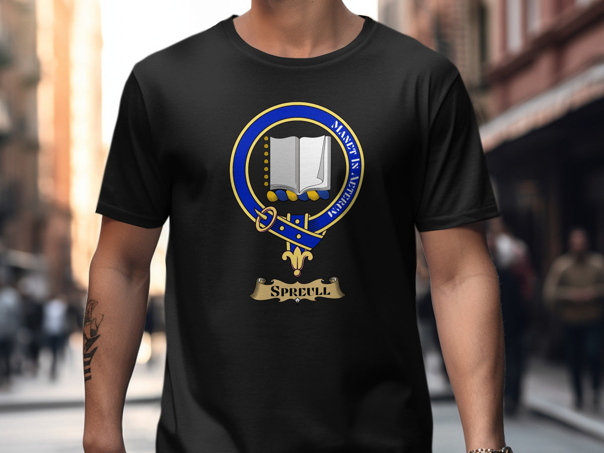 Spreull Scottish clan crest design on Black T-shirt