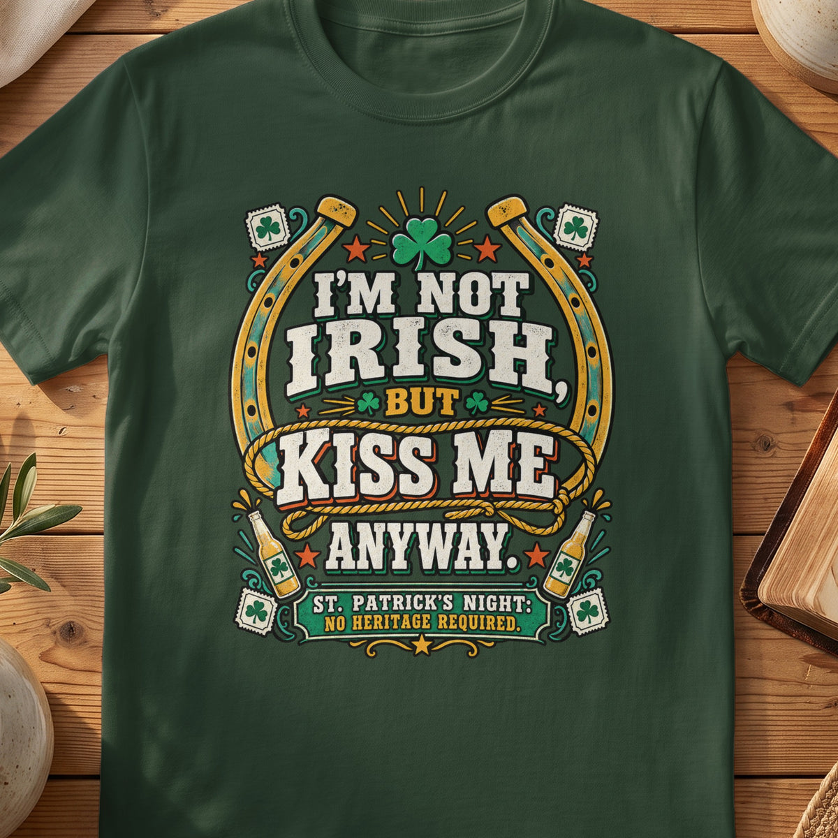 Green T-shirt with “I'm Not Irish, Kiss Me Anyway” St Patrick's Day design.