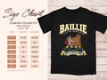 Comfort Colors 1717 size chart in inches with a black Baillie clan crest T-shirt preview