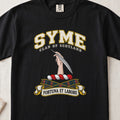 Syme Scottish clan T-shirt in Black, front view with a hand holding a feather and motto design.