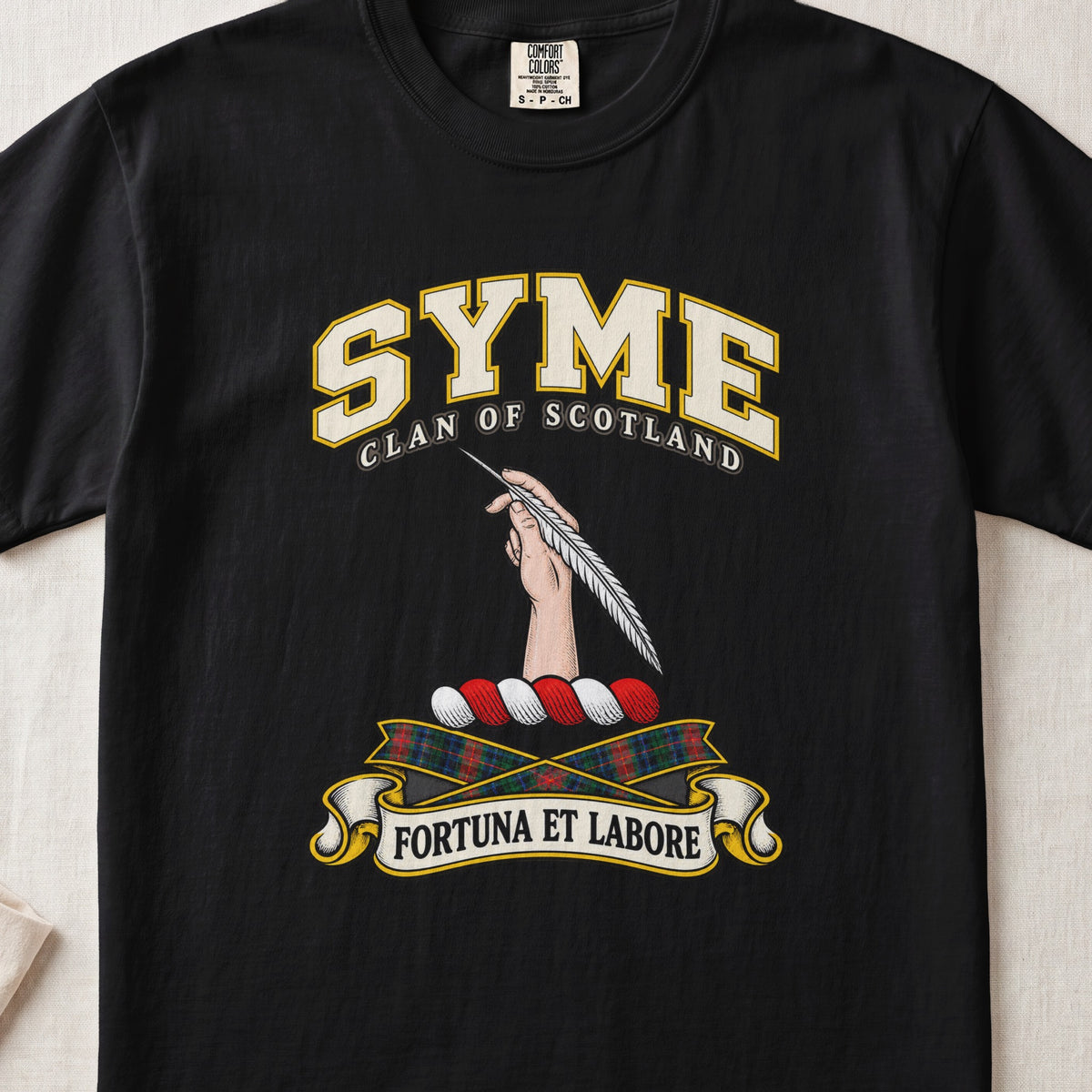 Syme Scottish clan T-shirt in Black, front view with a hand holding a feather and motto design.