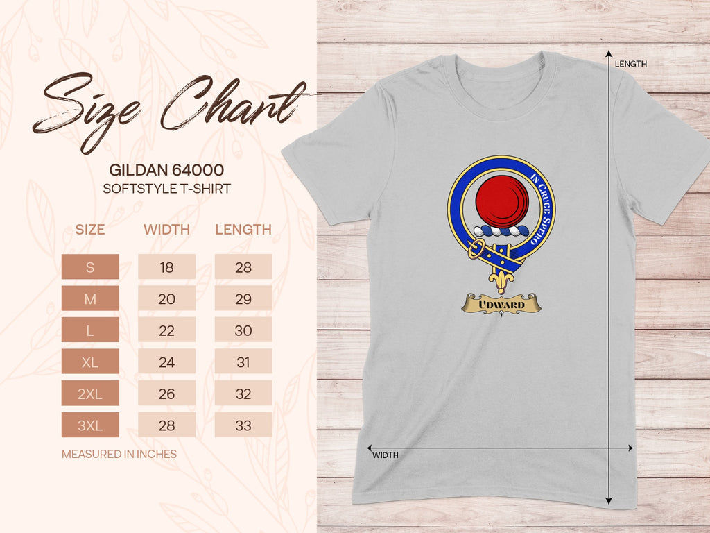 Gildan 64000 size chart for Udward Scottish clan crest T-shirt