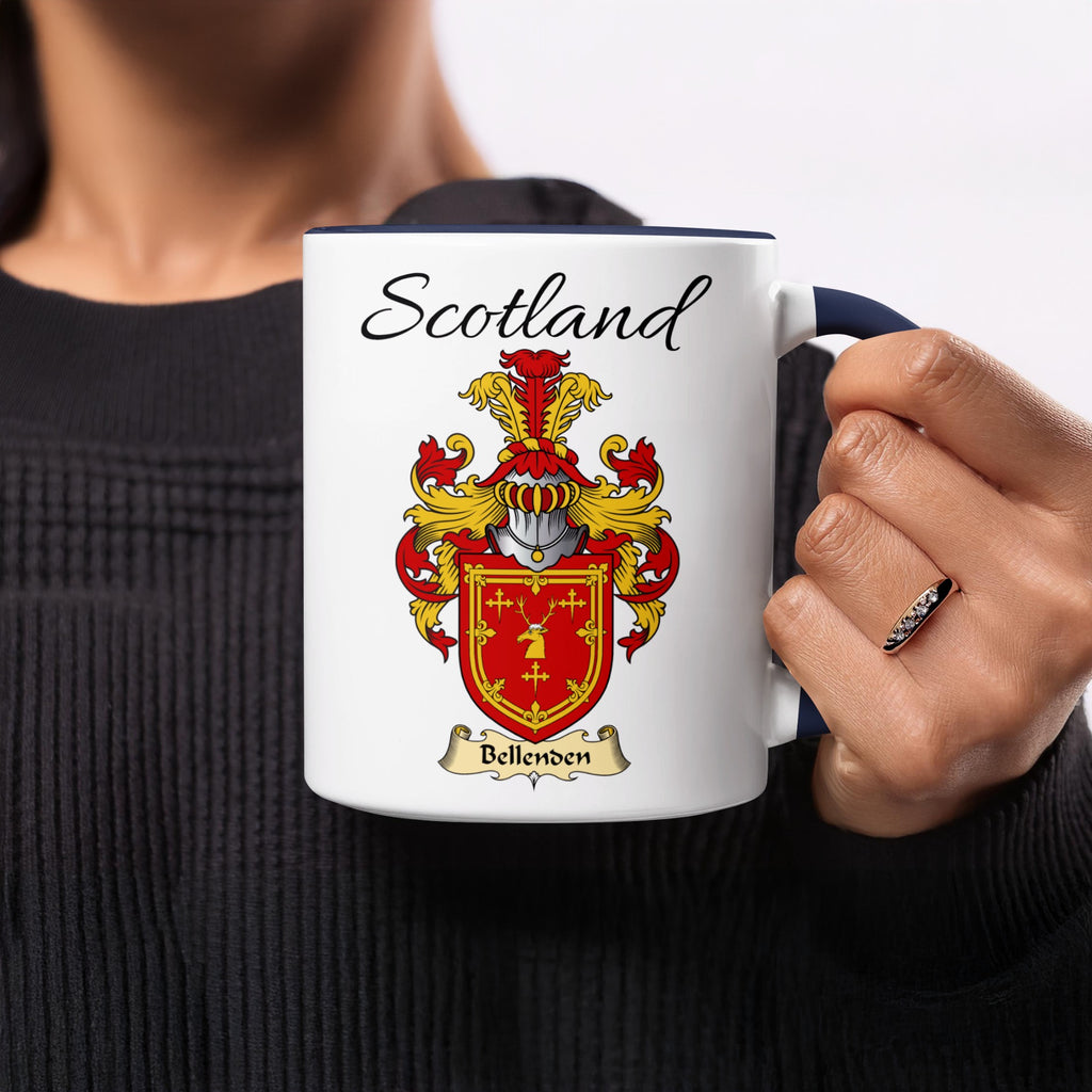 Red-accent Bellenden Scottish family crest mugs with Scotland above the heraldic shield