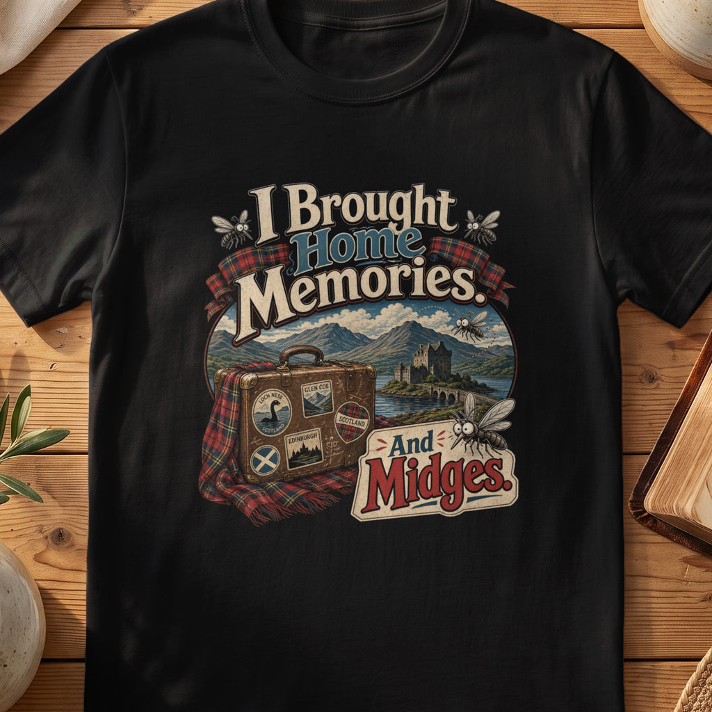 Black Gildan 64000 unisex T-shirt flatlay with Memories and Midges Scottish graphic design