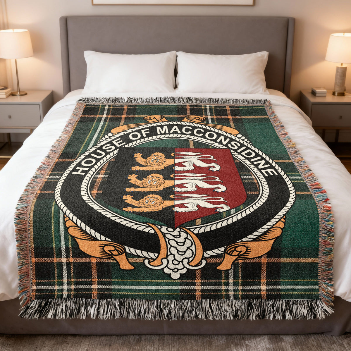 MacConsidine Irish National Tartan woven blanket with family crest emblem