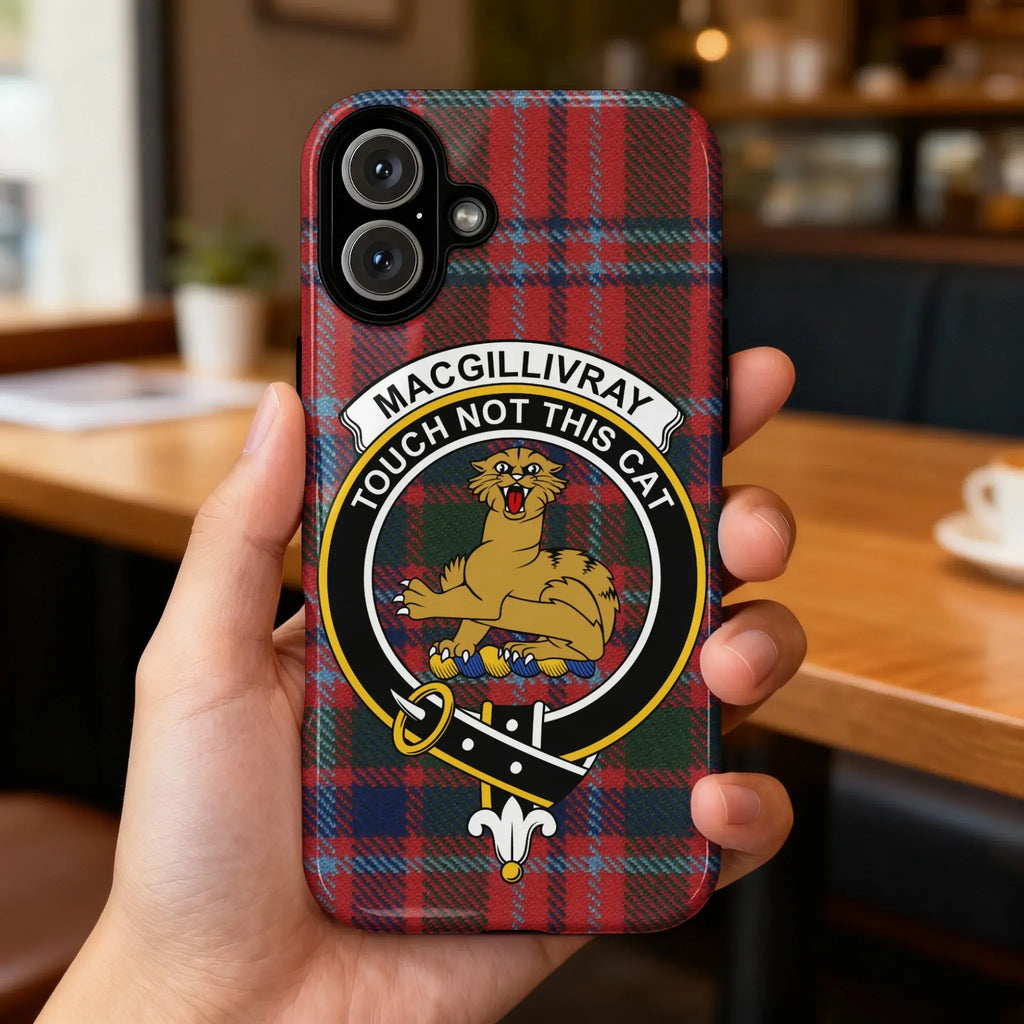 MacGillivray Scottish tartan crest phone case shown on iPhone — glossy full wrap 3D print