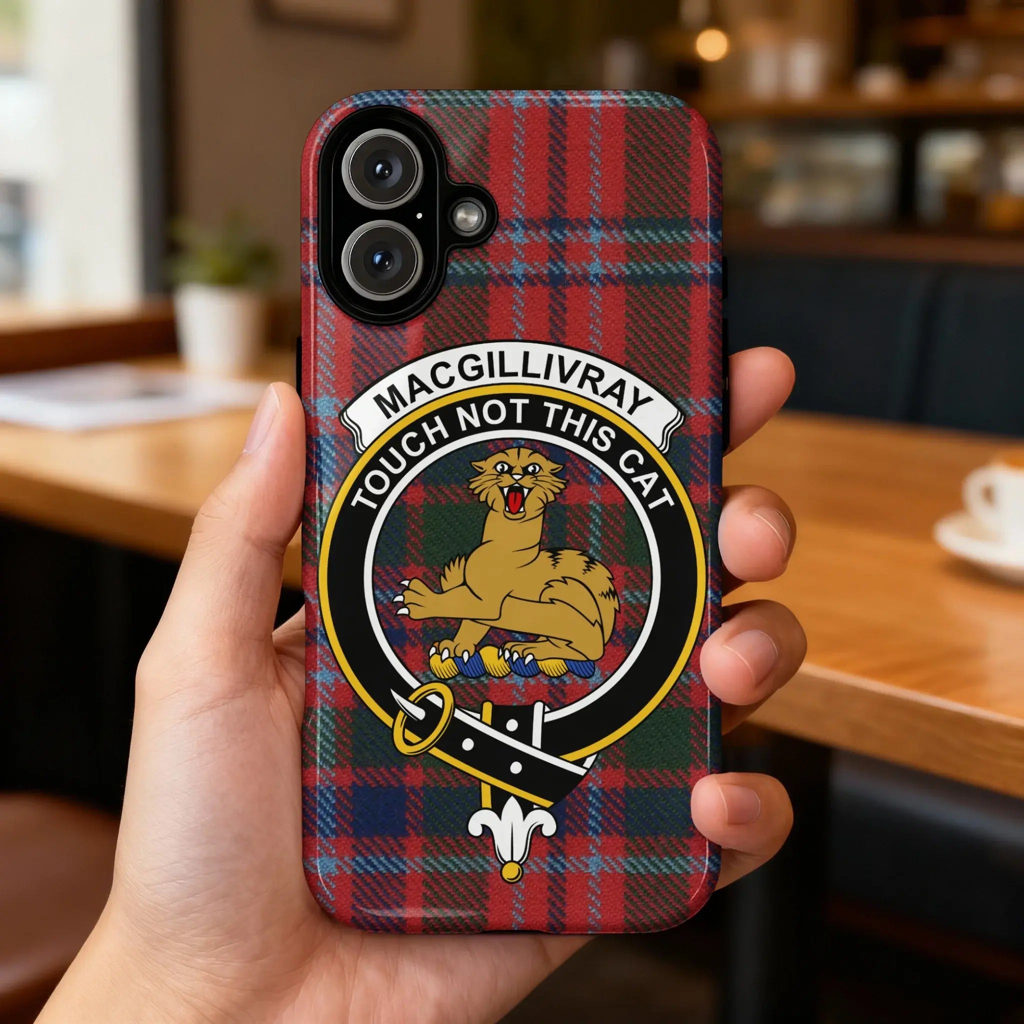 MacGillivray Scottish tartan crest phone case shown on iPhone — glossy full wrap 3D print