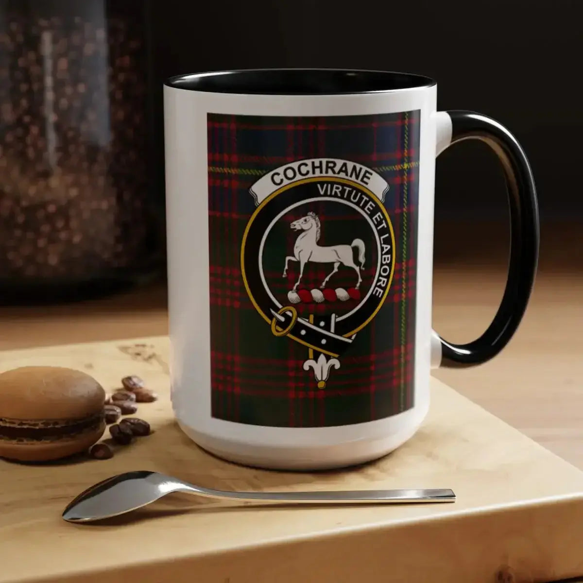 Cochrane clan crest second design accent mug — navy handle, 15 oz