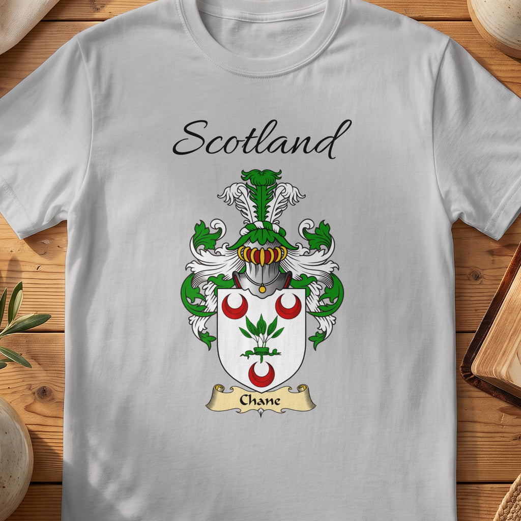 Sport Grey Chane Scottish family shield T-shirt featuring a green plant between red crescents