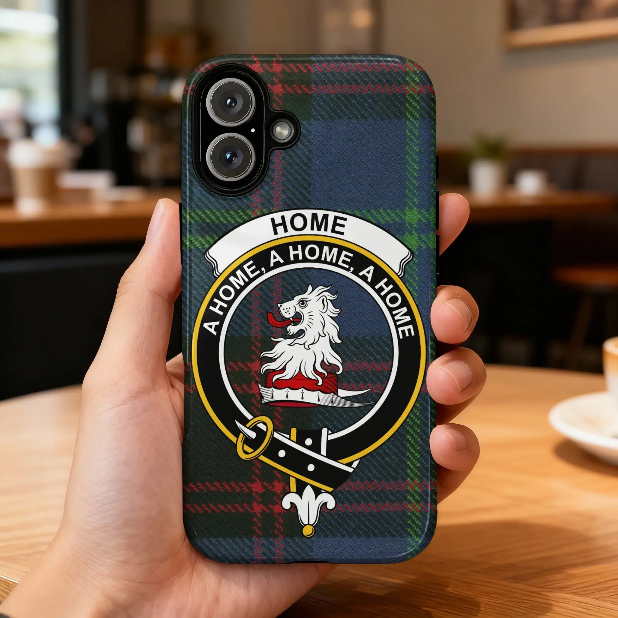 Home clan crest tartan phone case — A Home A Home A Home lion crest edge-to-edge plaid design