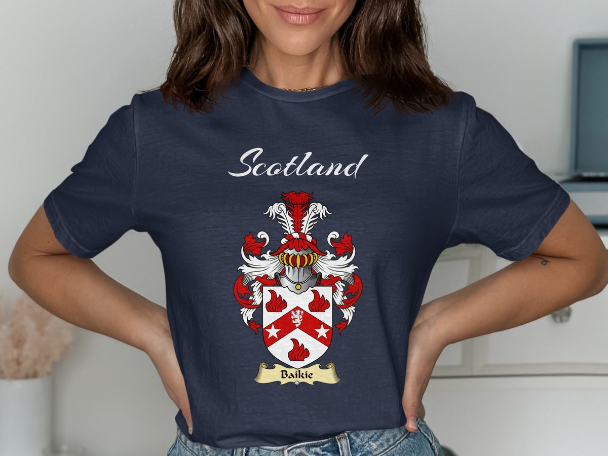 Baikie Scottish family shield design on Navy T-shirt