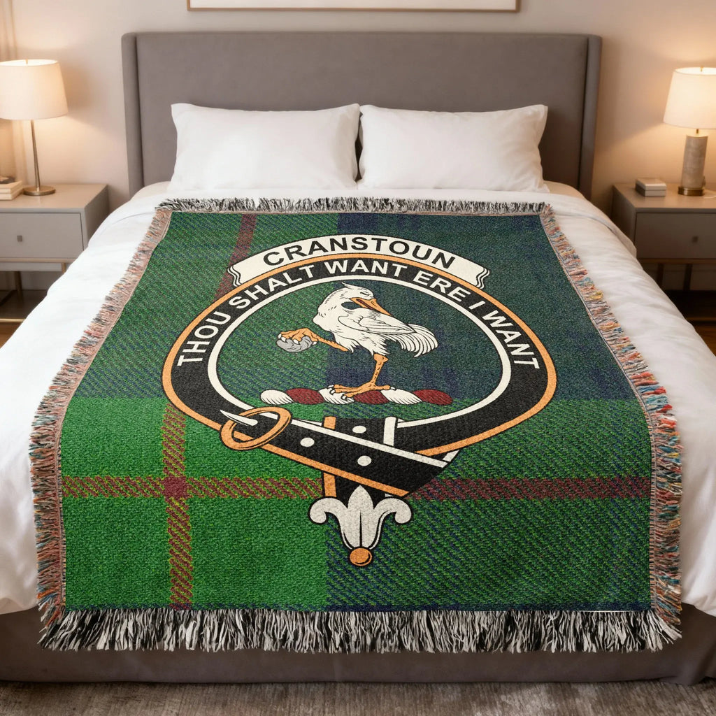 Clan Cranstoun tartan woven blanket — 100% cotton, full tartan pattern in woven construction