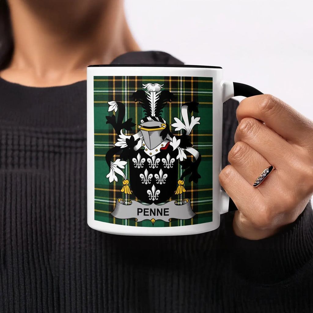 Penne black accent mug with Irish National Tartan and family crest