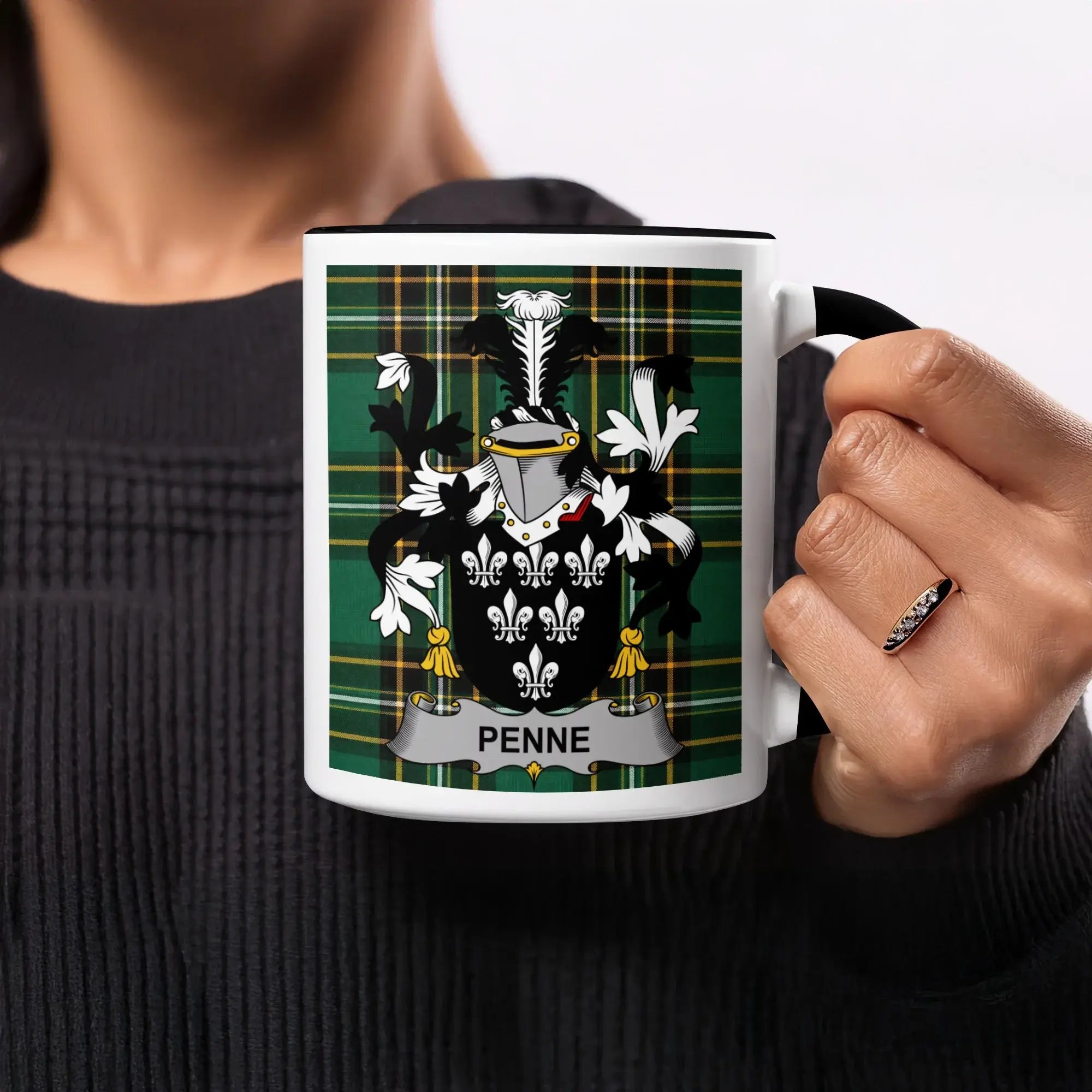 Penne black accent mug with Irish National Tartan and family crest