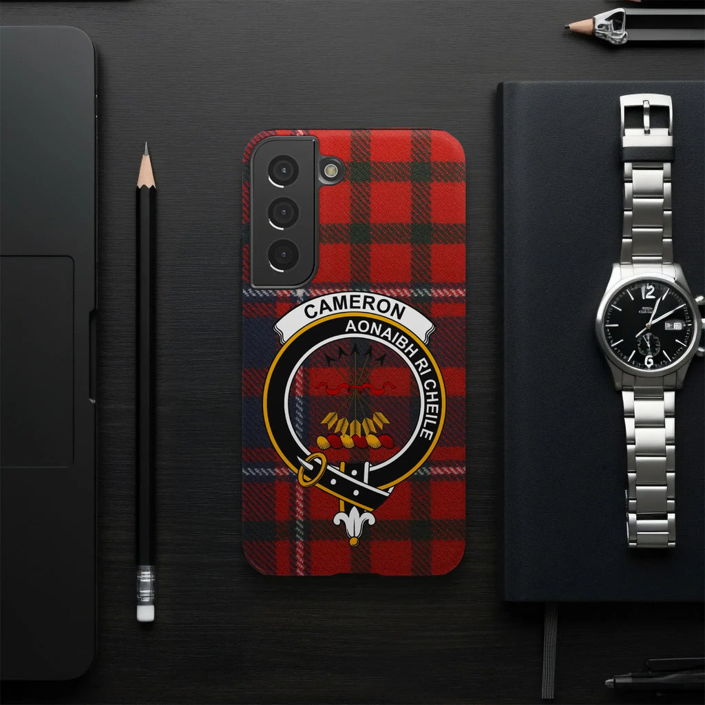 Cameron red tartan clan crest phone case — full heraldic wrap on glossy impact-resistant shell