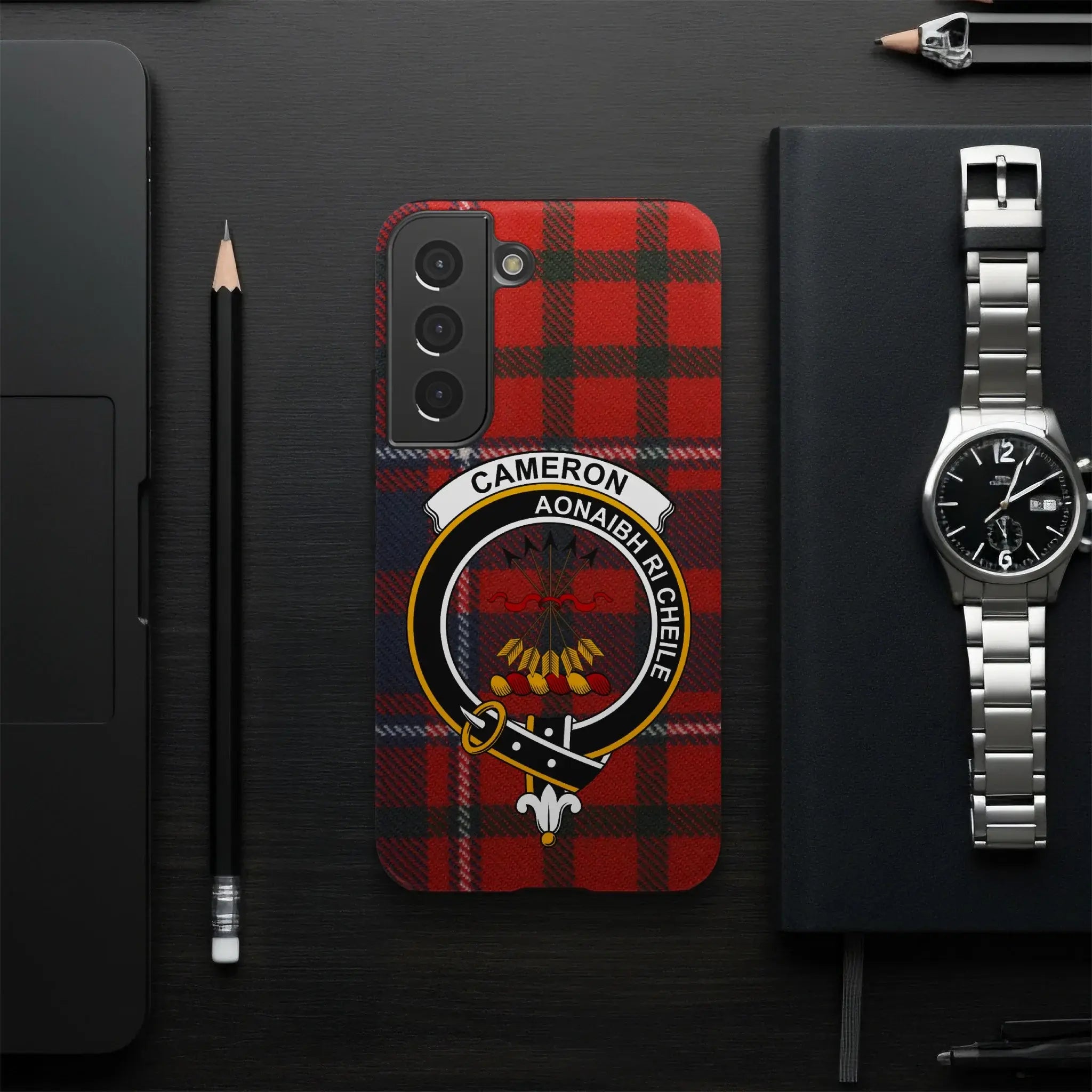 Cameron red tartan clan crest phone case — full heraldic wrap on glossy impact-resistant shell