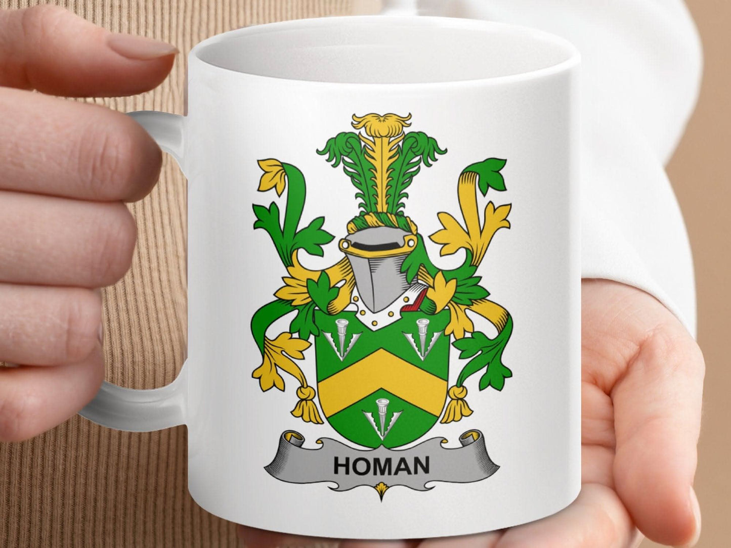 Homan Irish Family Crest Heraldry Last Name History Mug - Celtic Ancestry Gifts