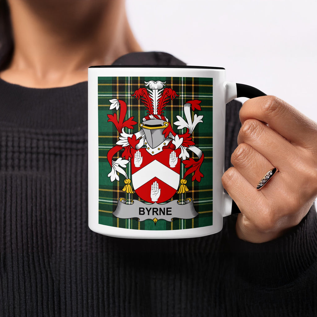 Byrne Irish family crest tartan mug held in hand