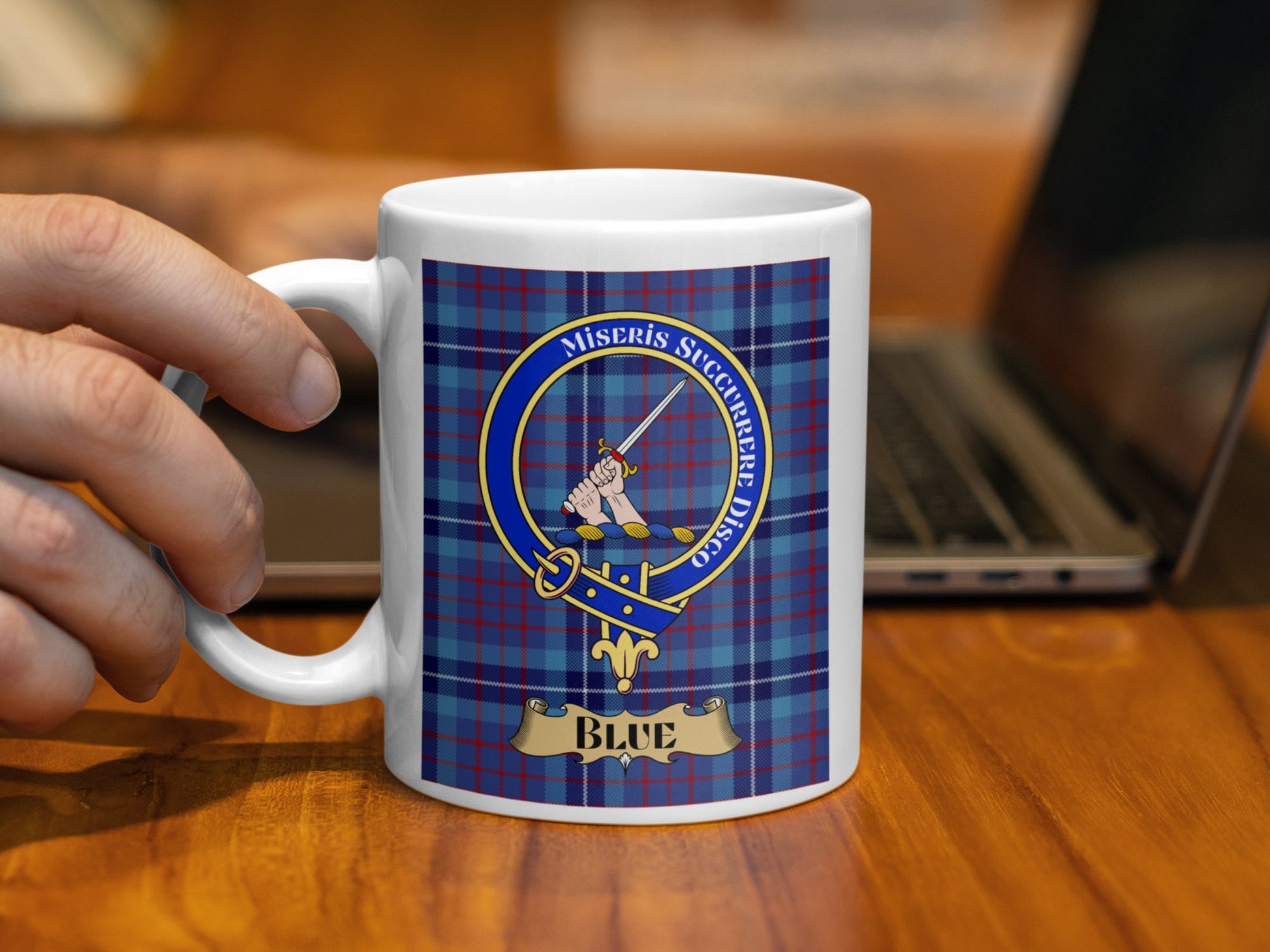 Miseris Succurrere Disco Blue Tartan Design Mug - Living Stone Gifts