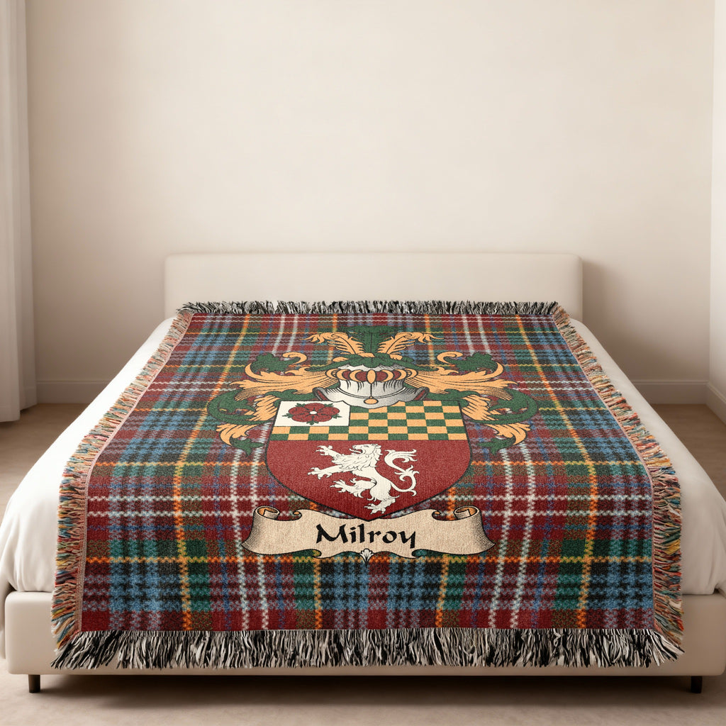 Milroy Caledonia tartan heritage woven throw blanket with family shield