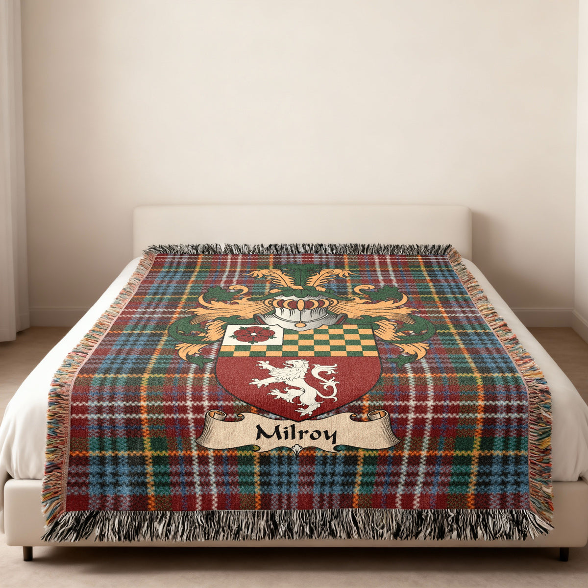 Milroy Caledonia tartan heritage woven throw blanket with family shield
